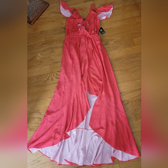 Express Coral Polka Dot Print VNeck Flutter Sleeve Ruffle Maxi Dress, Size M - Picture 4 of 10